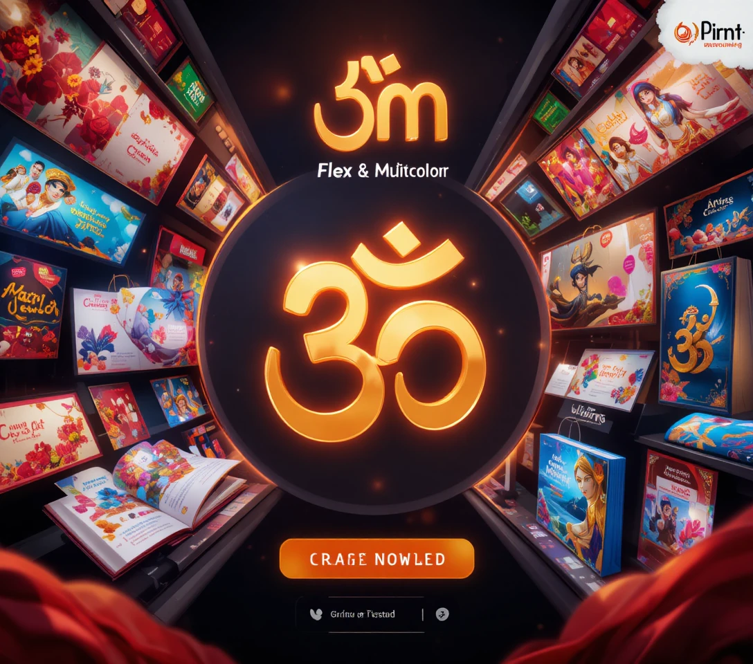 Golden om logo with colorful printing product visuals