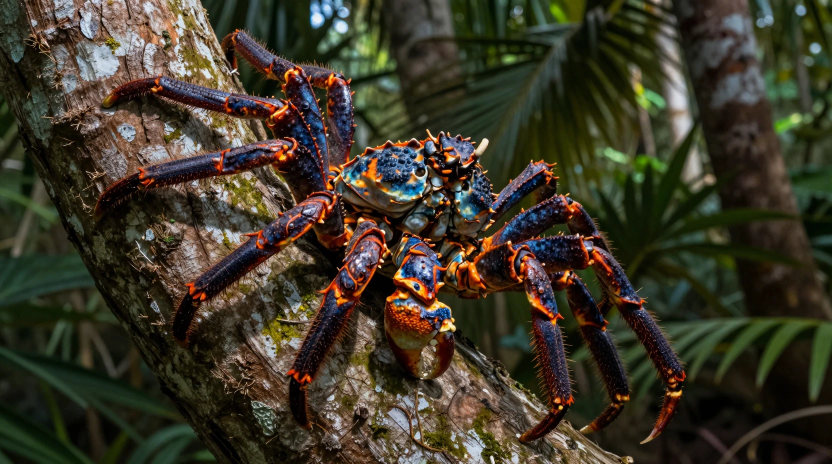 Cangrejo de los cocoteros gigante trepando una palmera en la jungla