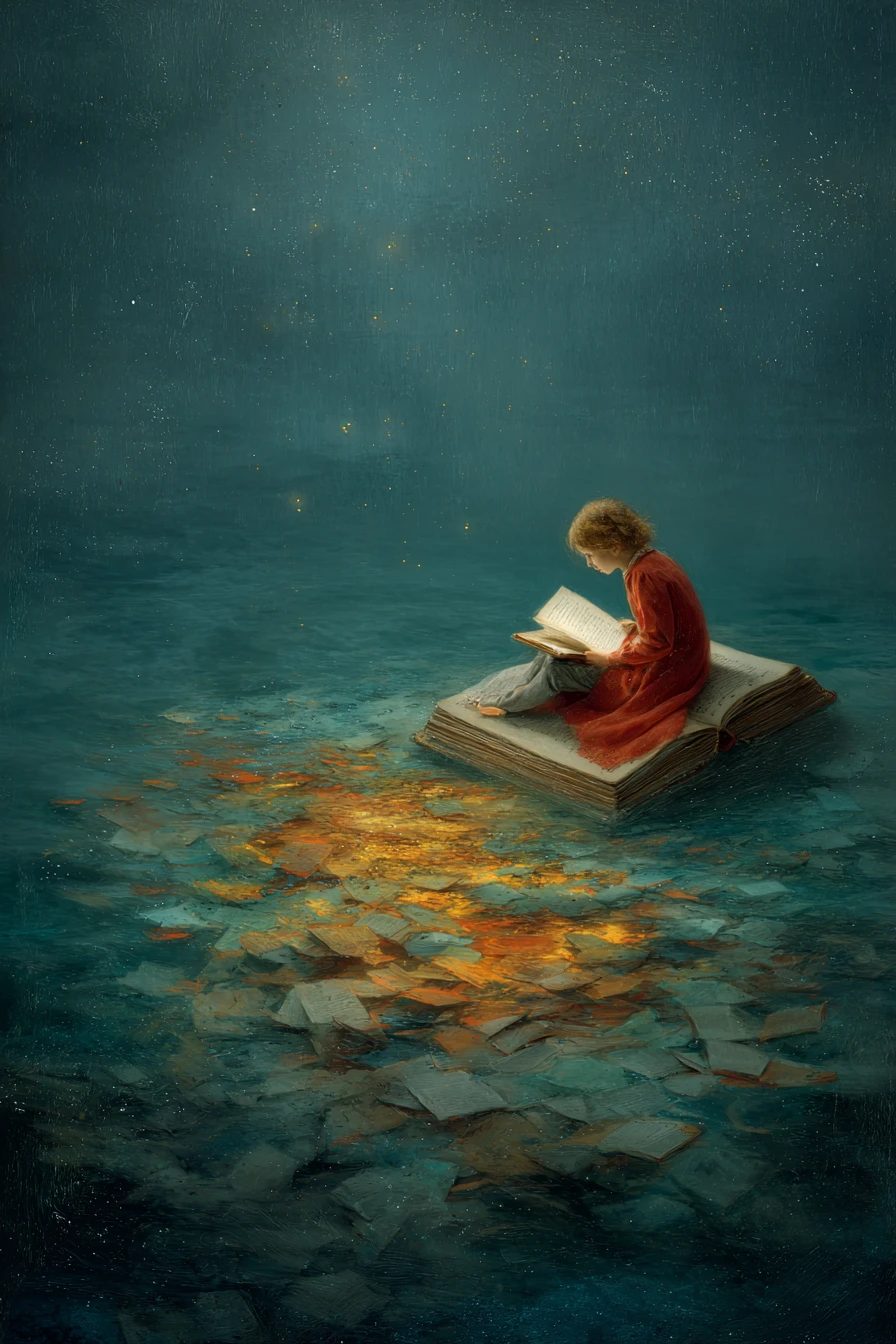 Surreal shoreline with a drowned fantasy library at night