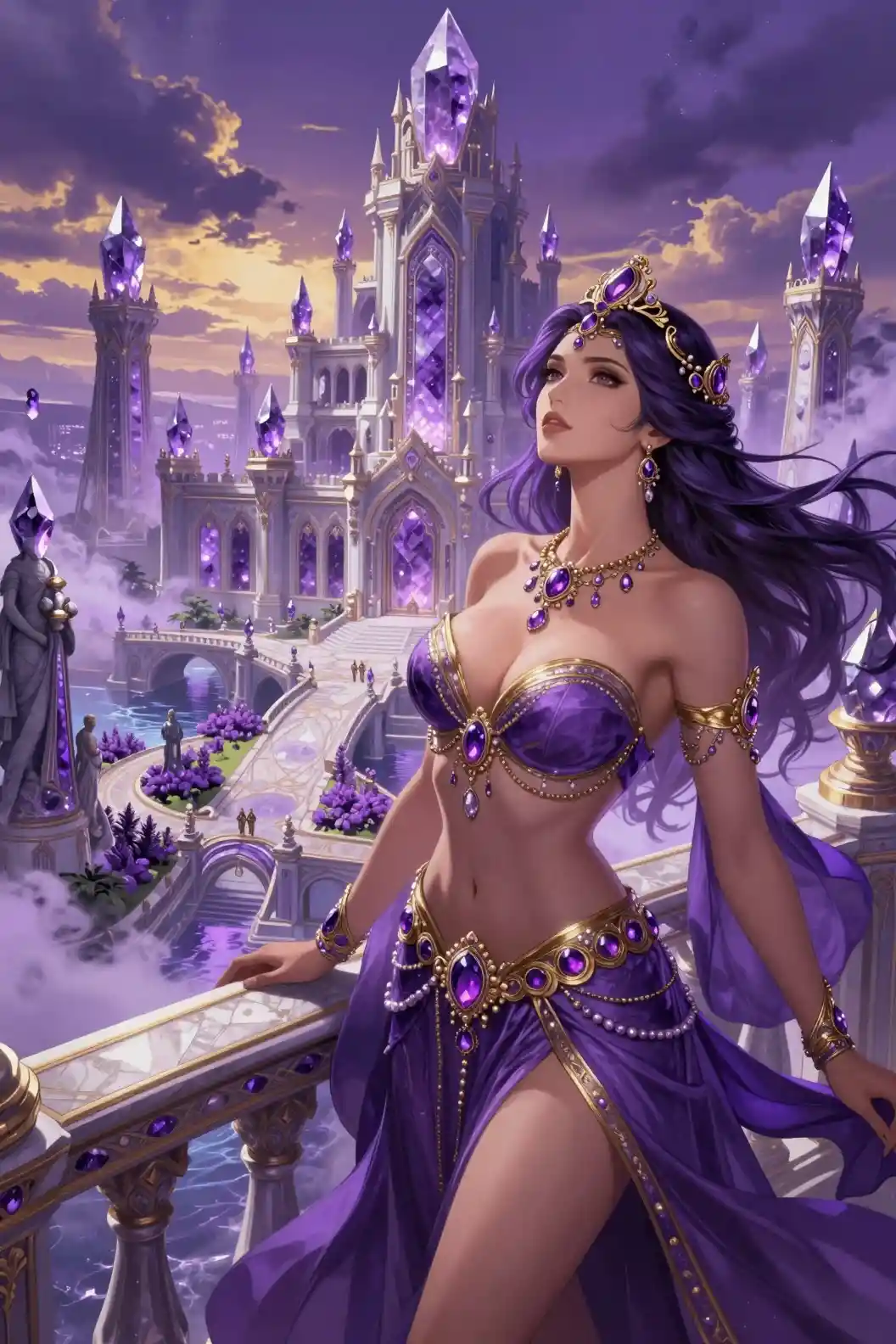 Regal fantasy queen overlooking a vast amethyst city