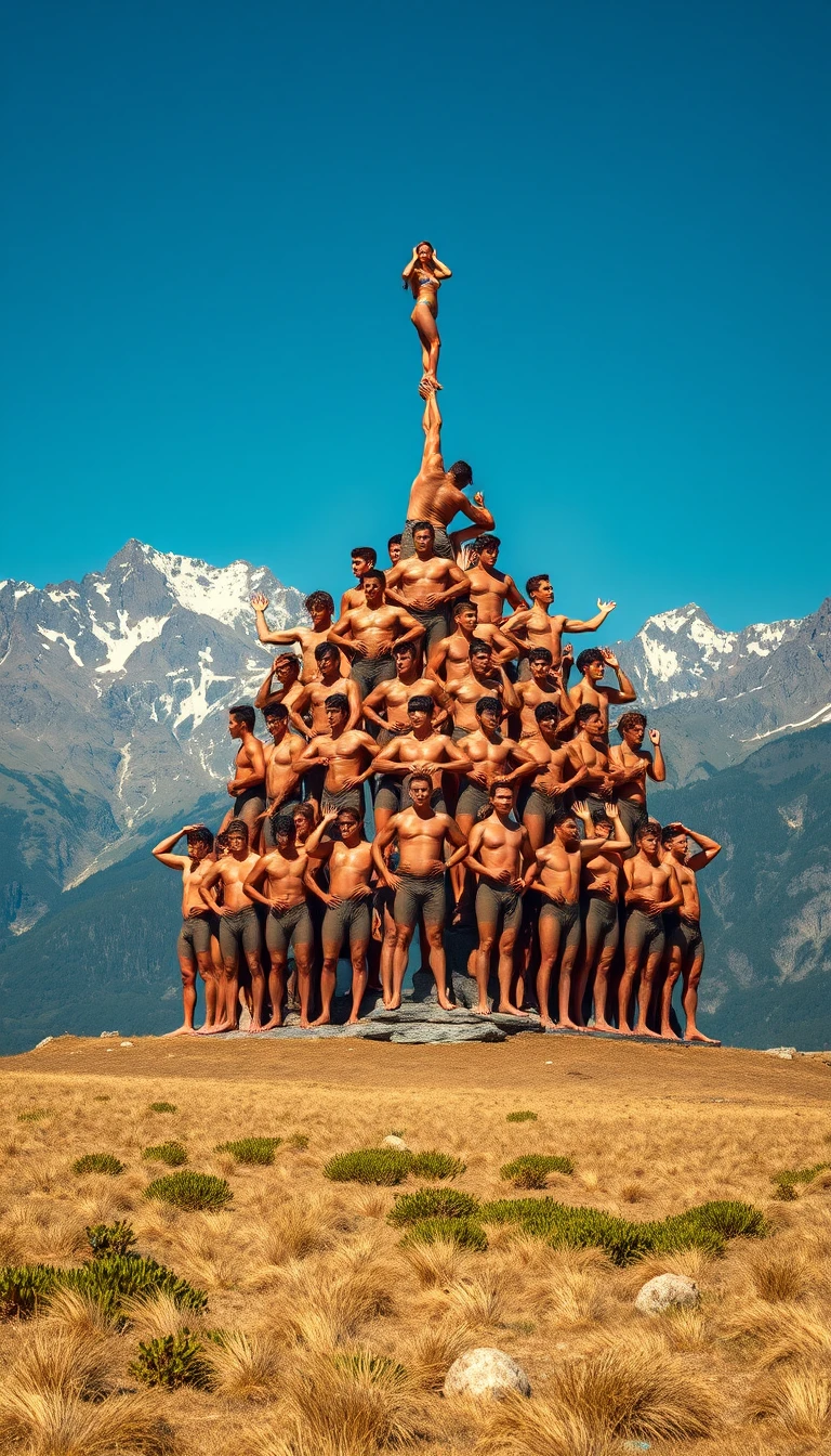 Human pyramid of nude acrobats in sunny mountain valley