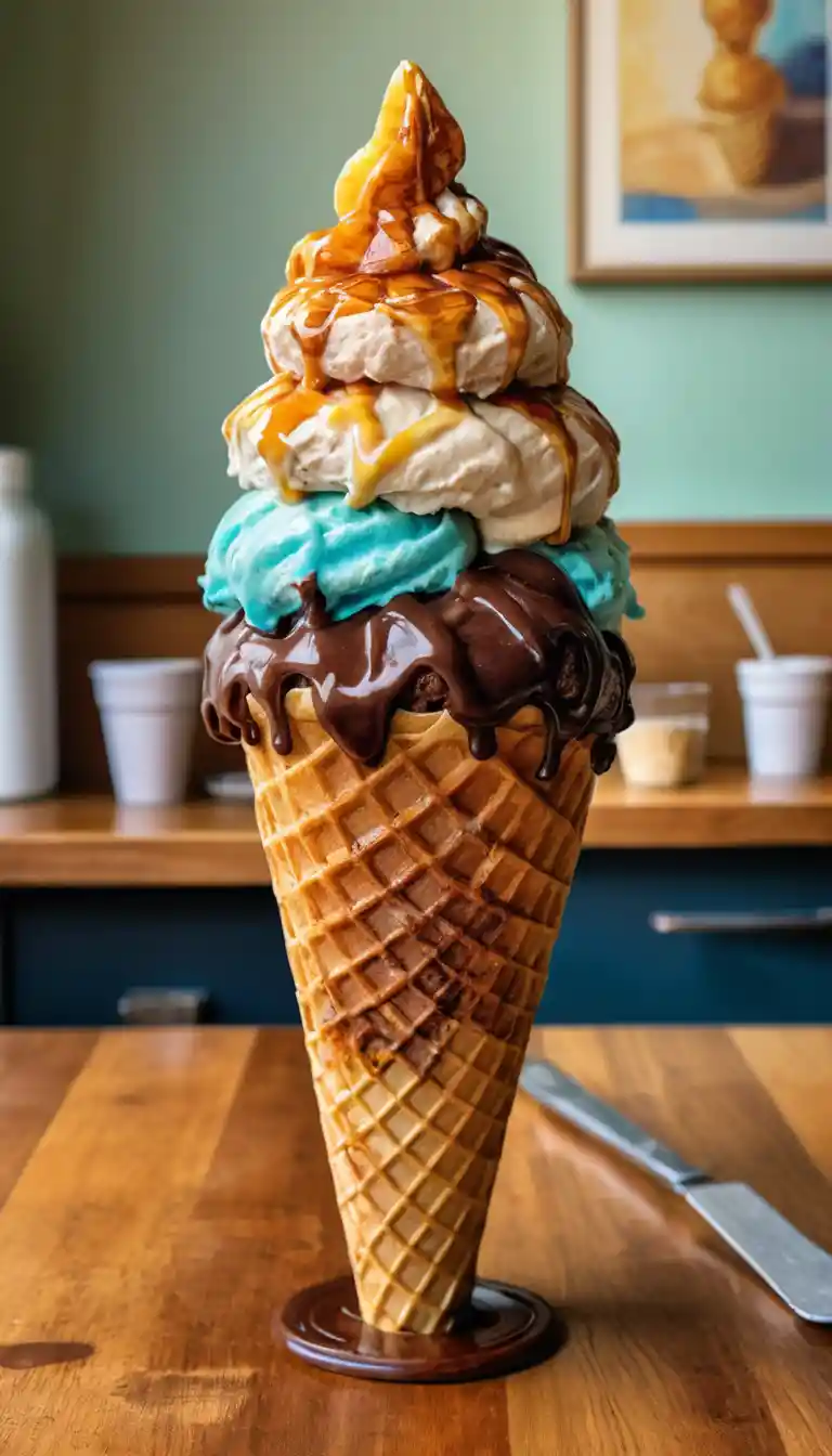 Tiny nude woman inside a giant waffle ice cream cone