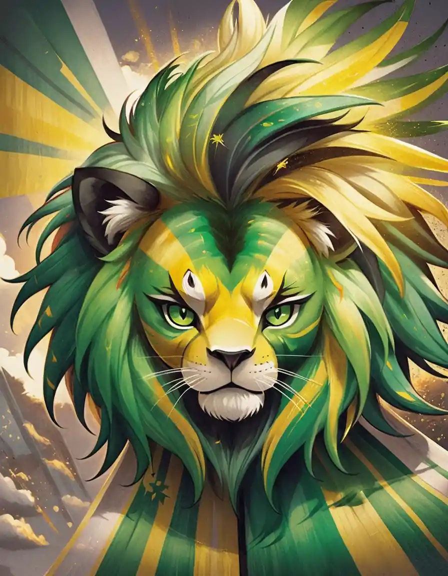 Two stylized lions in Jamaican flag colors with bright eyes