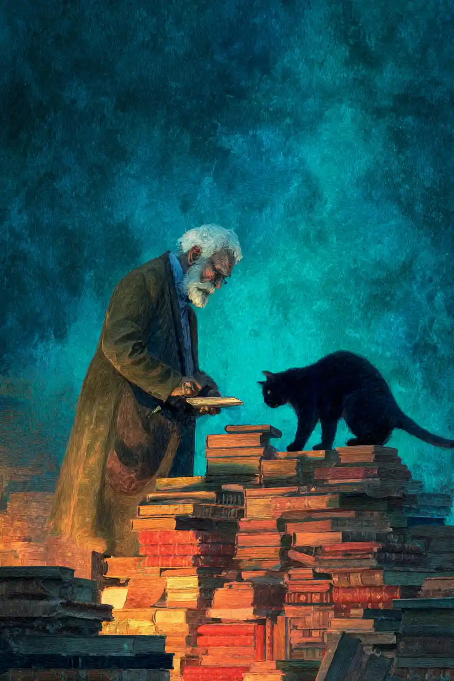 Old professor and tall black cat in surreal library