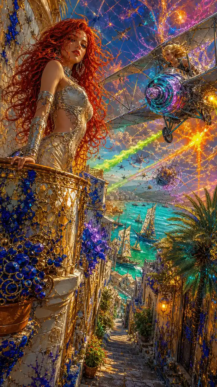 Red haired fantasy woman on balcony above surreal alley
