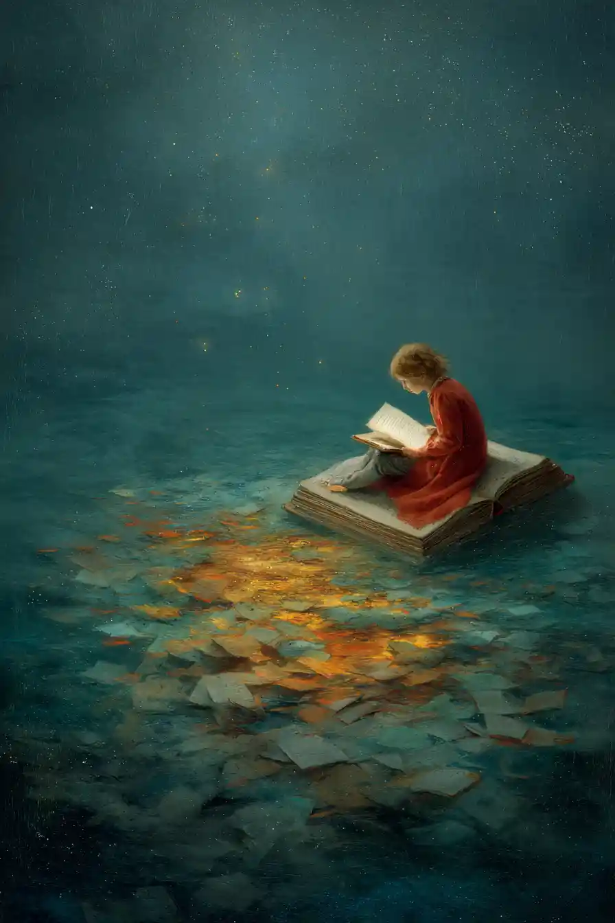 Surreal shoreline with a drowned fantasy library at night