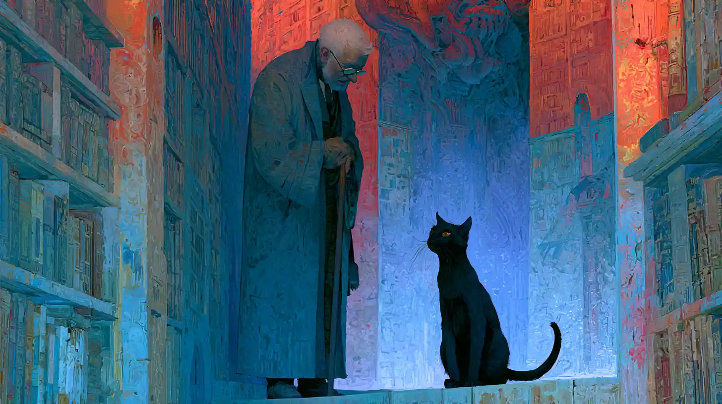 Old professor and tall black cat in a drowned library