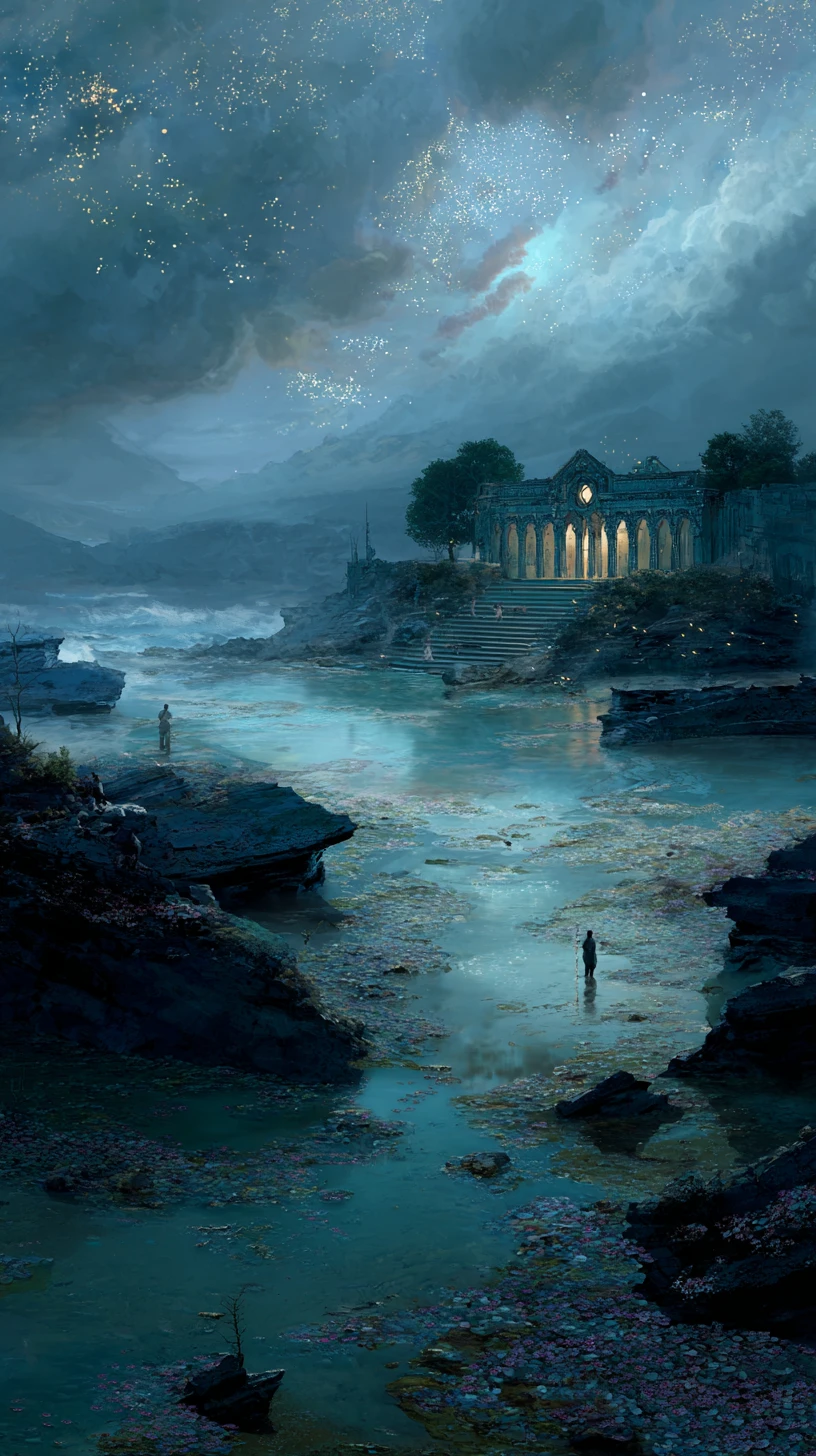 Silent shore beside a drowned fantasy library at night