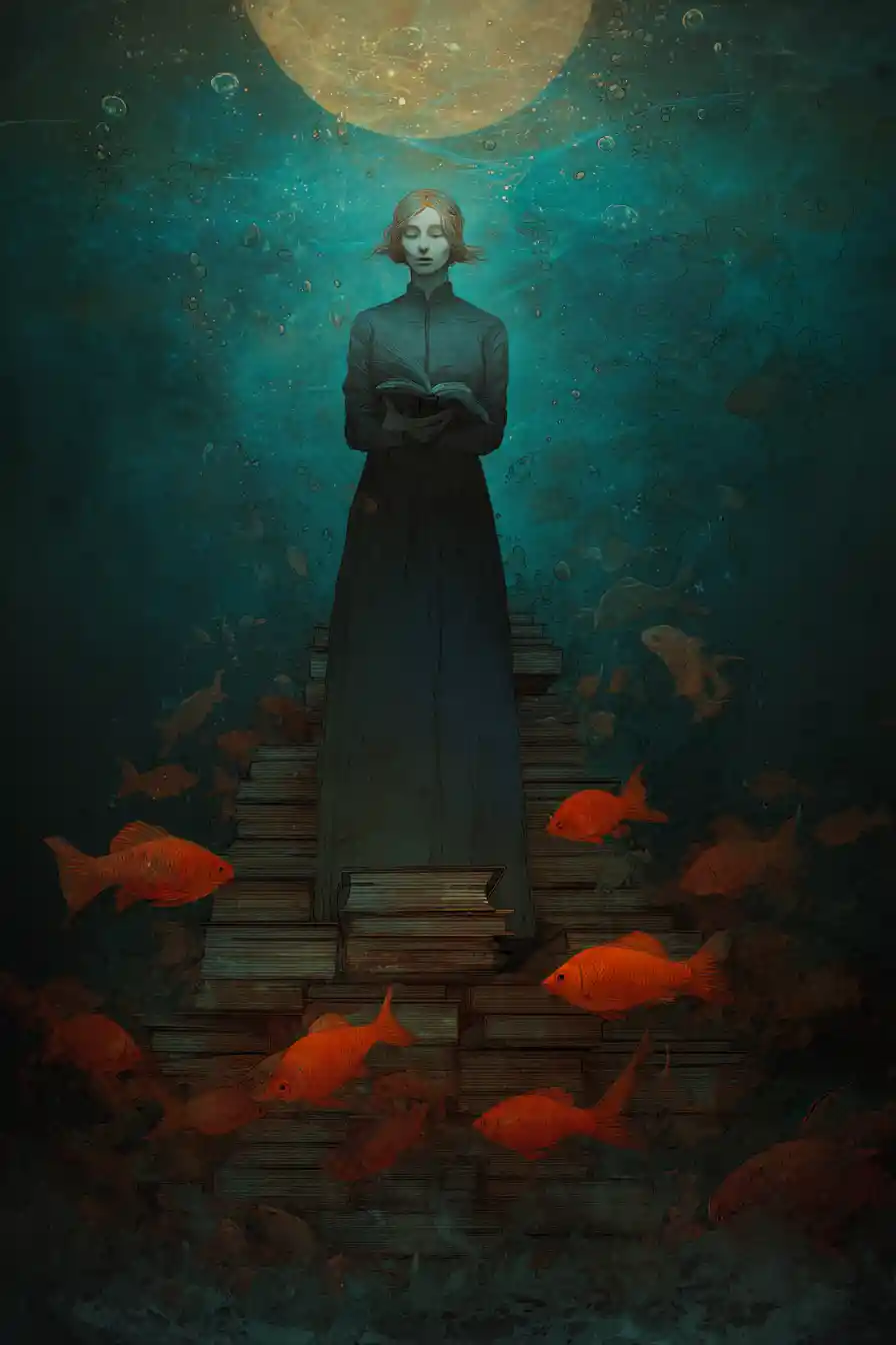 Surreal drowned library rising on a silent moonlit shore