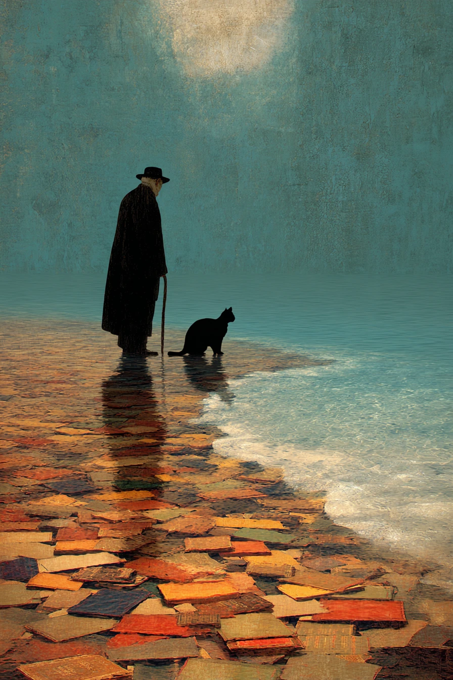 Professor and tall black cat on a surreal moonlit shore