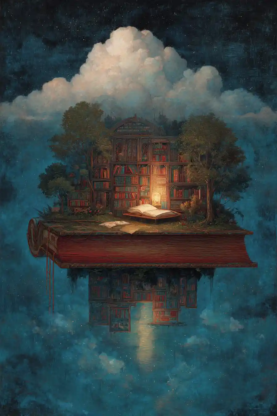 Riva surreale con la biblioteca sommersa sotto una luna silenziosa