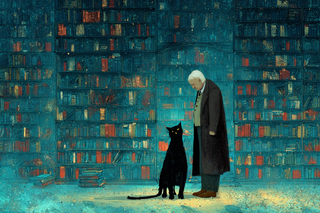 Anthropomorphic black cat exploring a drowned surreal library