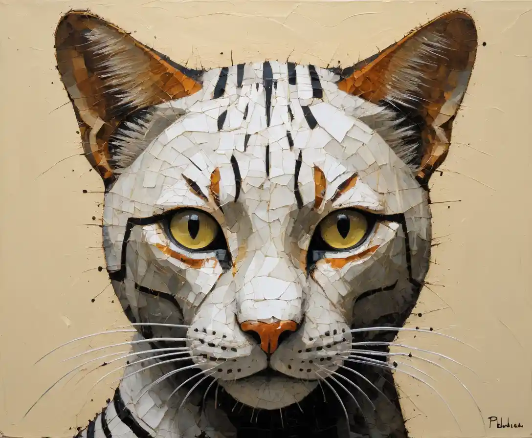 Naive mixed media portrait of wild fantasy felines