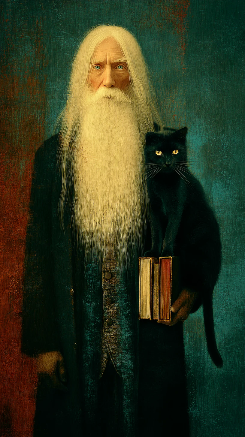 Professor and black cat exploring a drowned surreal library