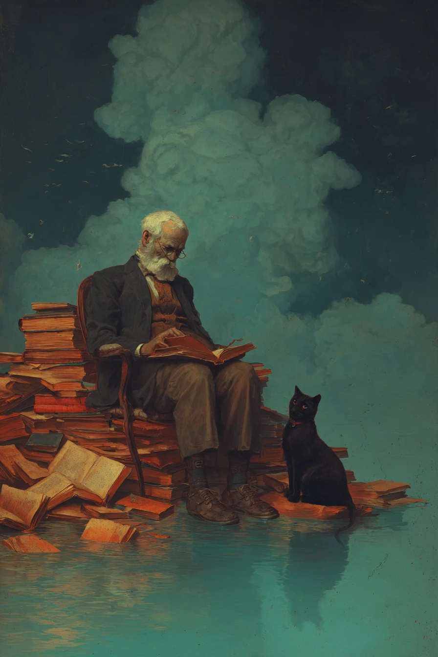 Professor and black cat at a surreal starless shoreline