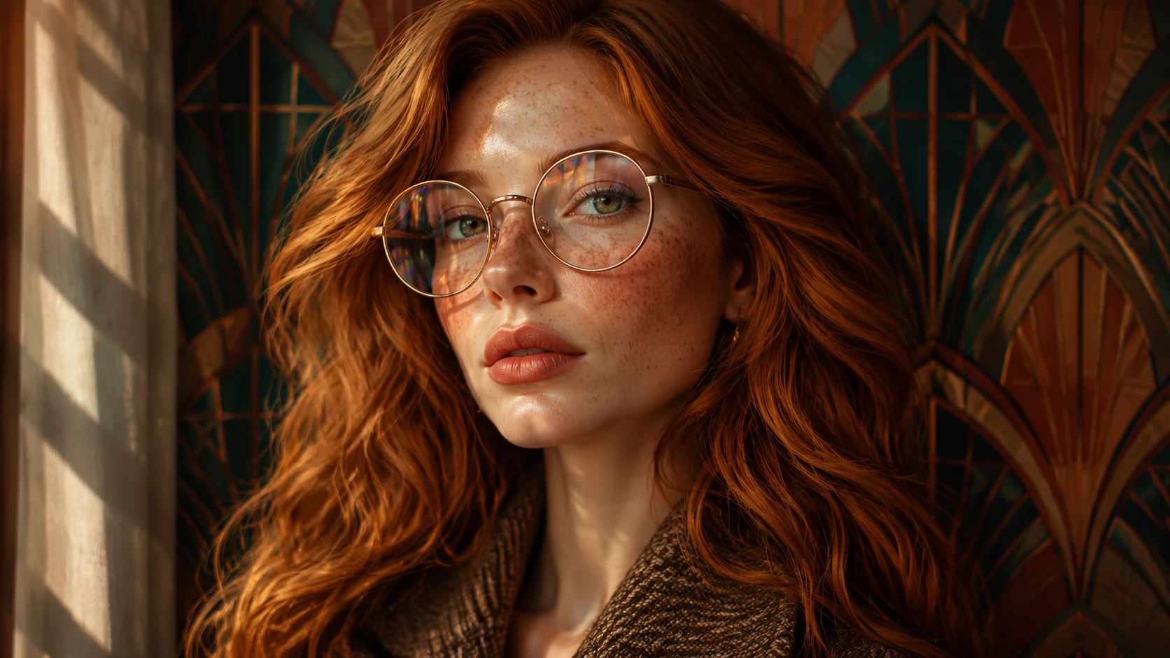 Retrato de mujer pelirroja con fondo art déco