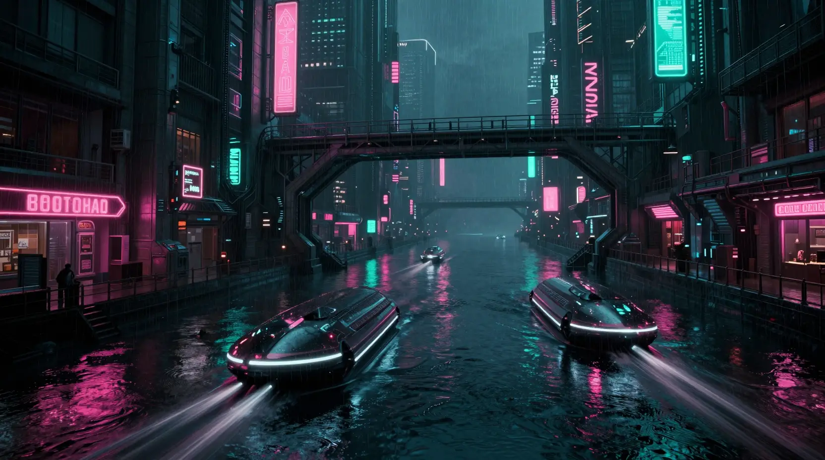 Futuristic Cyberpunk Canal City At Night In Neon Rain
