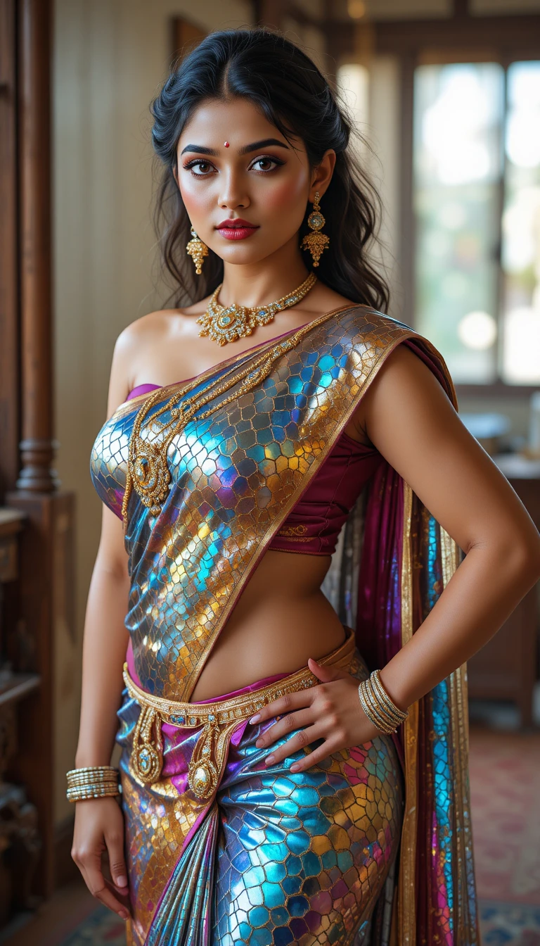 Indian woman in glossy mirror saree leaning and posing
