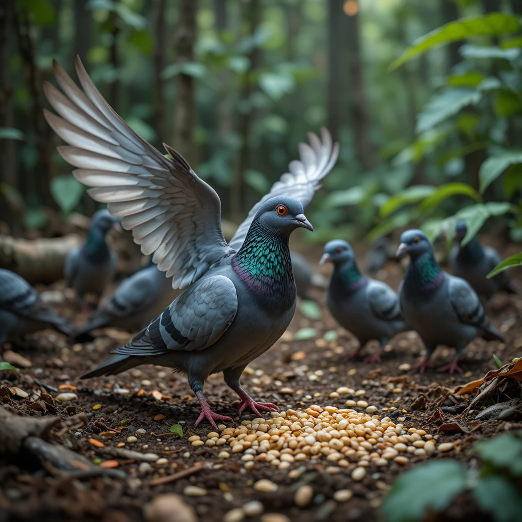 Wise pigeon warning others above a forest seed trap