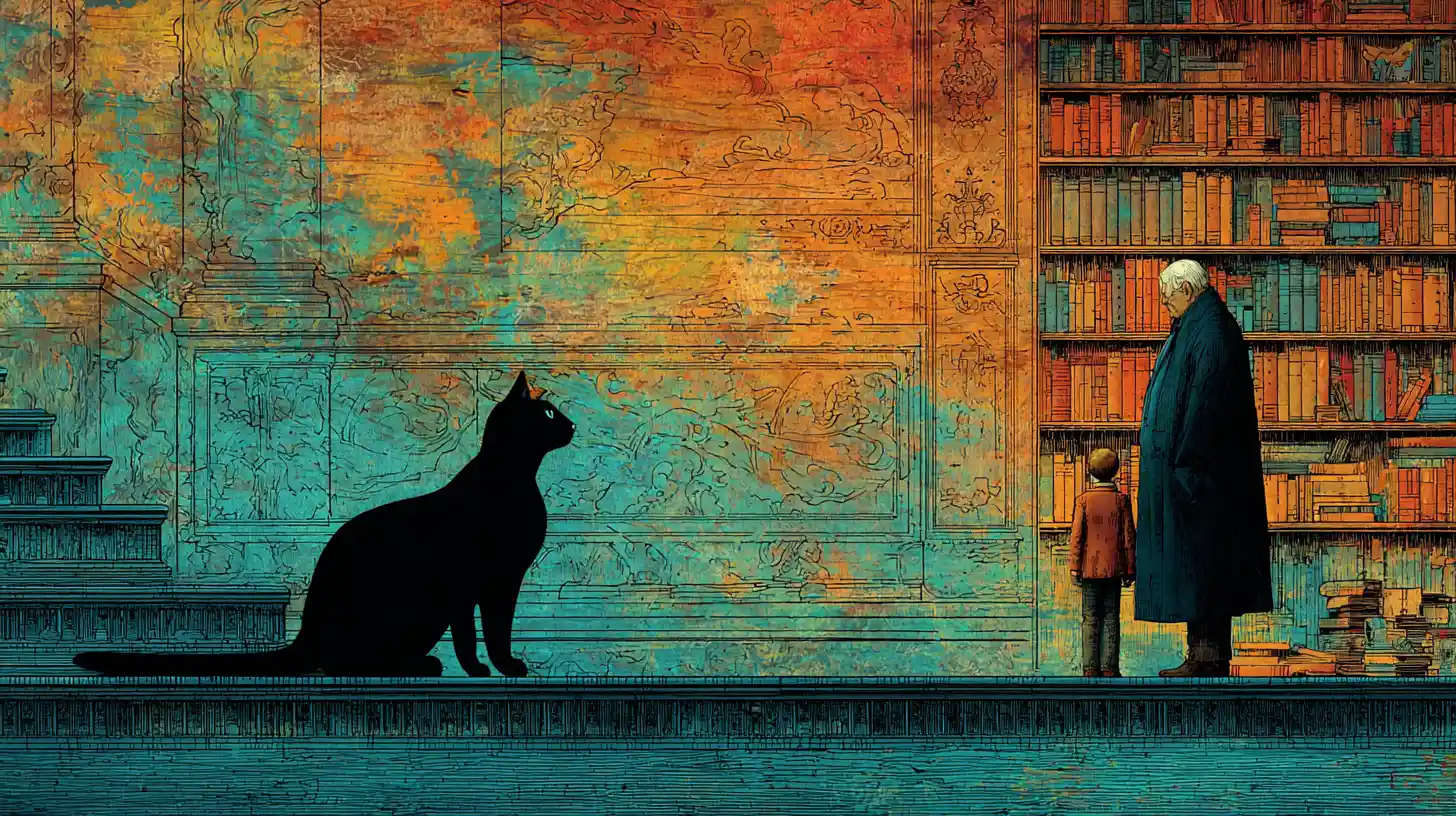 Professor and black cat in a surreal drowned library