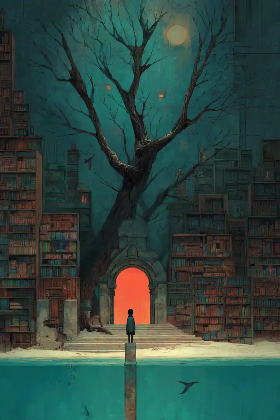 Surreal shoreline with the drowned fantasy library at night