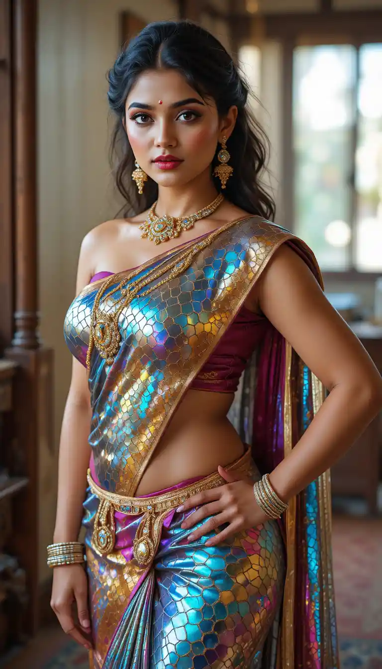 Indian woman in glossy mirror saree leaning and posing