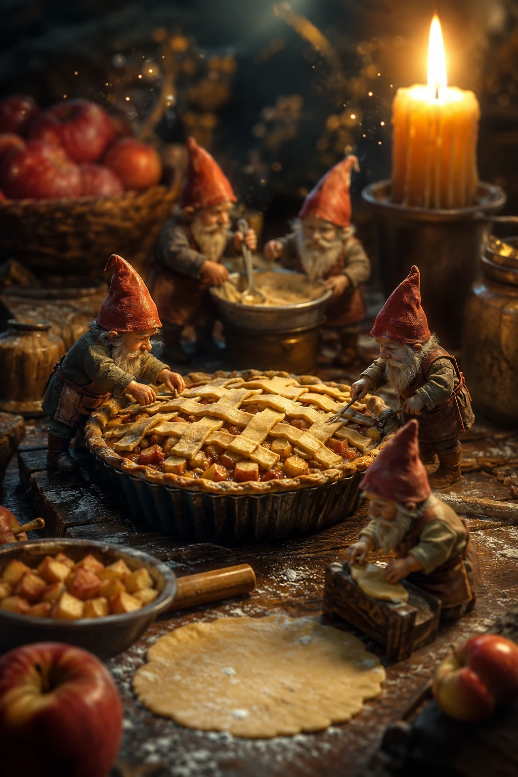 Pequeños gnomos horneando tartas de manzana a la luz de las velas