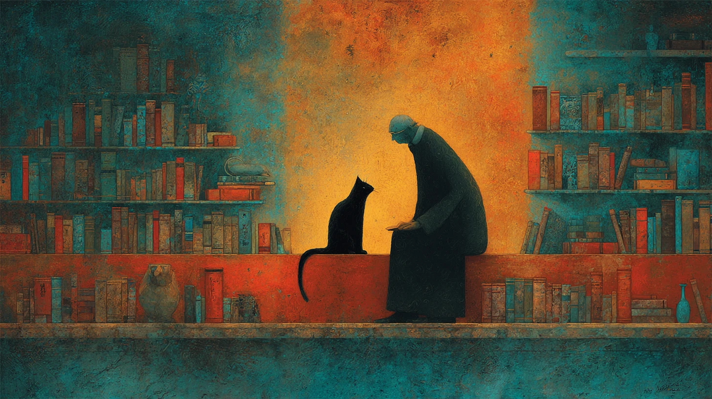 Tall black cat exploring a surreal drowned fantasy library