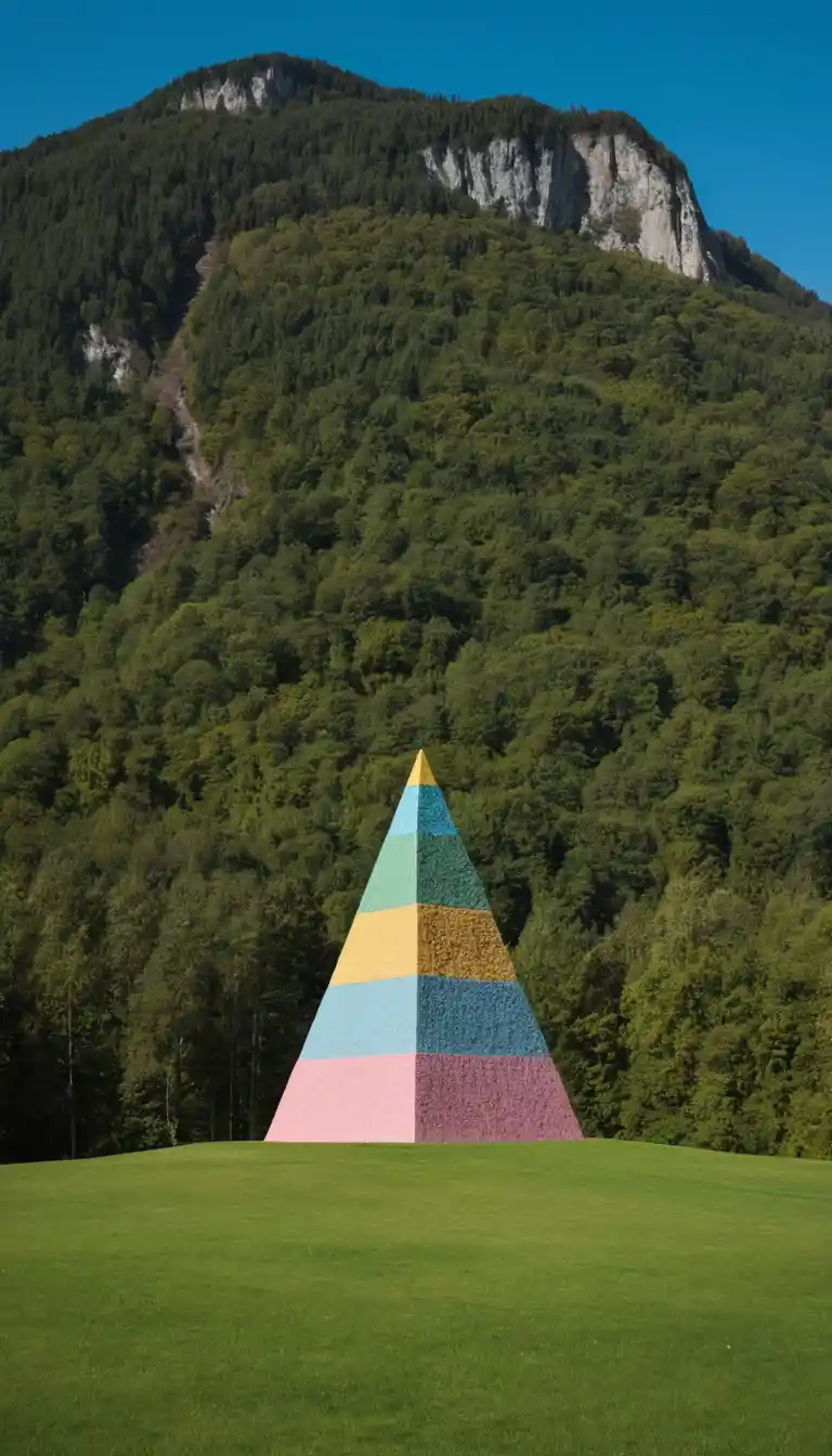 Human pyramid of acrobats in a sunlit mountain valley