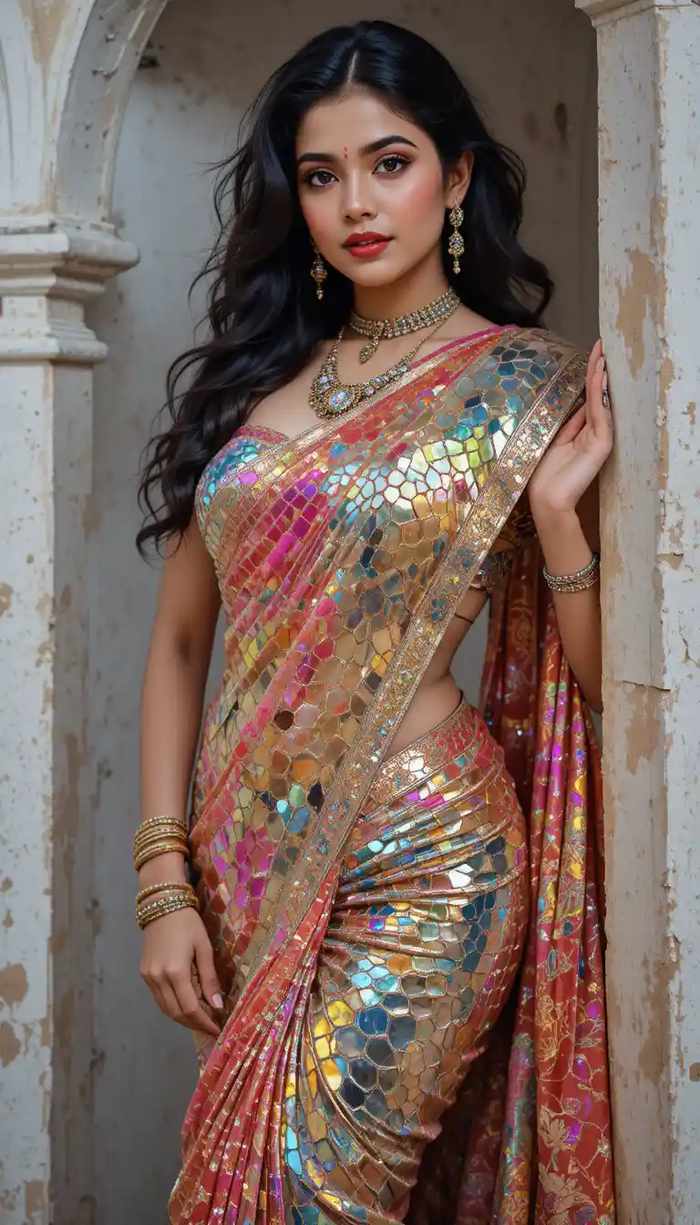 Indian woman in glossy saree leaning in rustic interior
