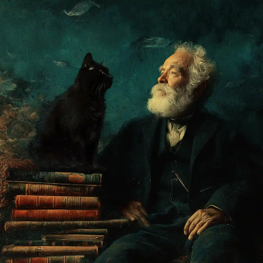 Vecchio professore e gatto nero in una biblioteca surreale allagata