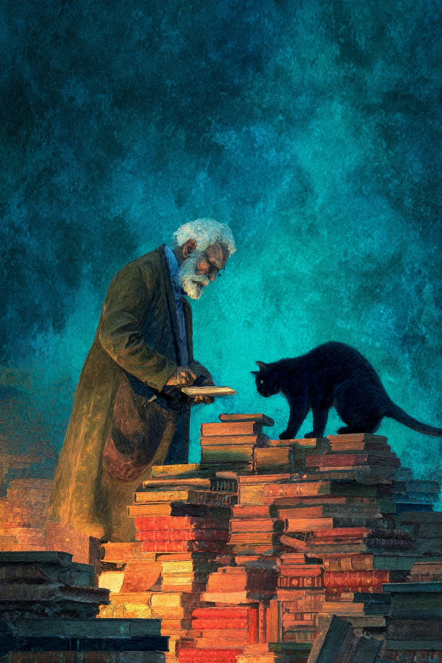 Old professor and tall black cat in surreal library