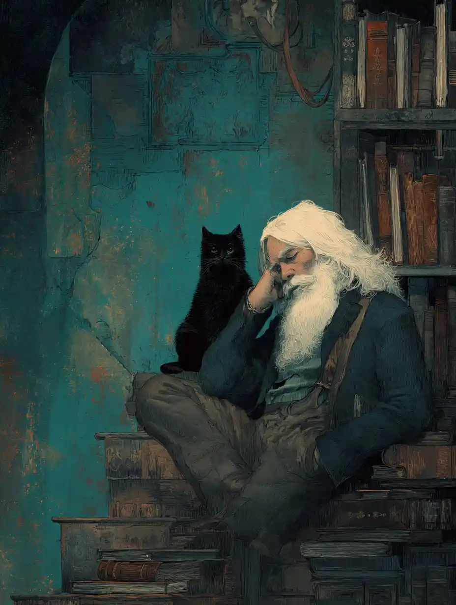 Vecchio professore e gatto nero in una surreale biblioteca sommersa