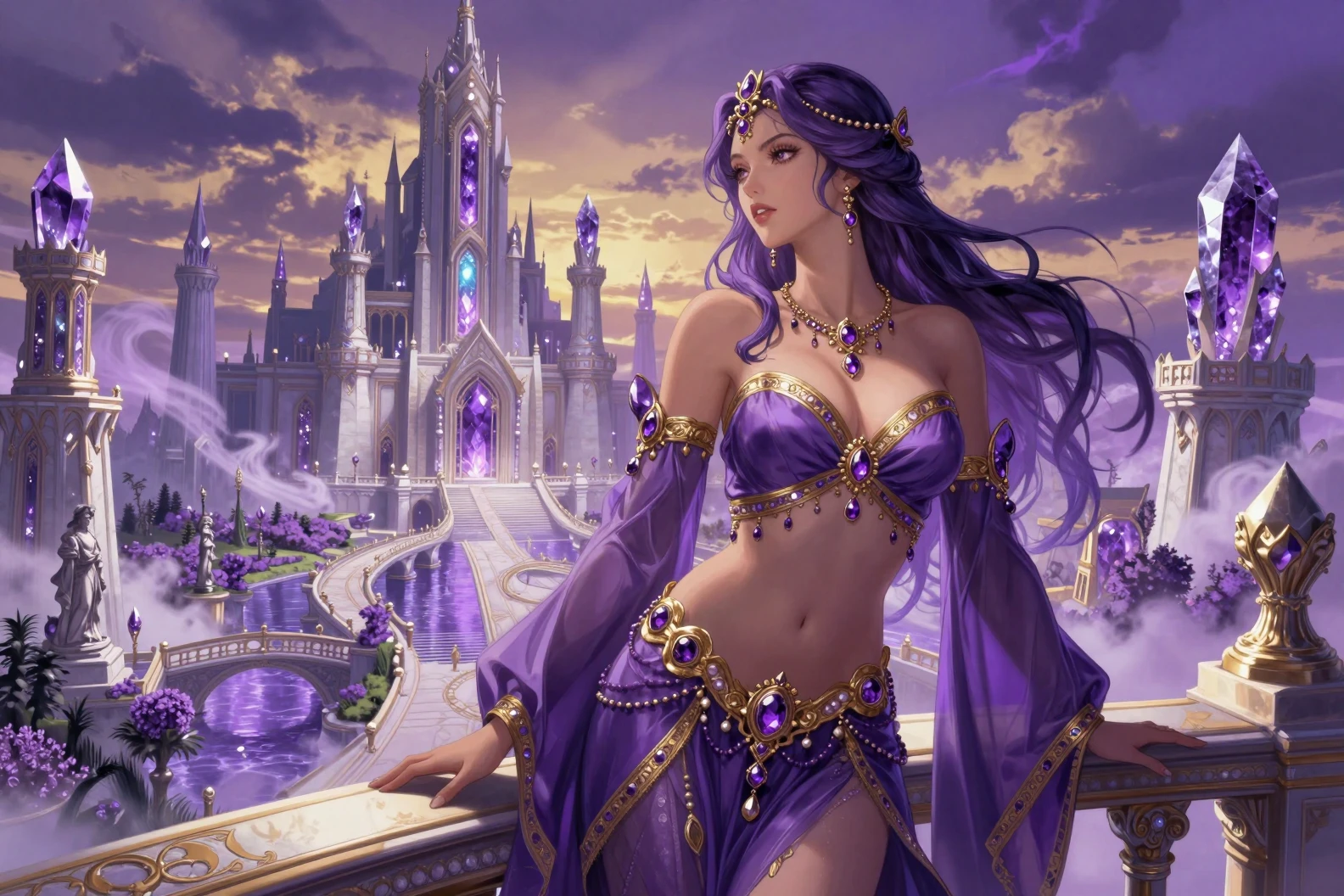 Regal fantasy queen on a balcony above violet crystal city