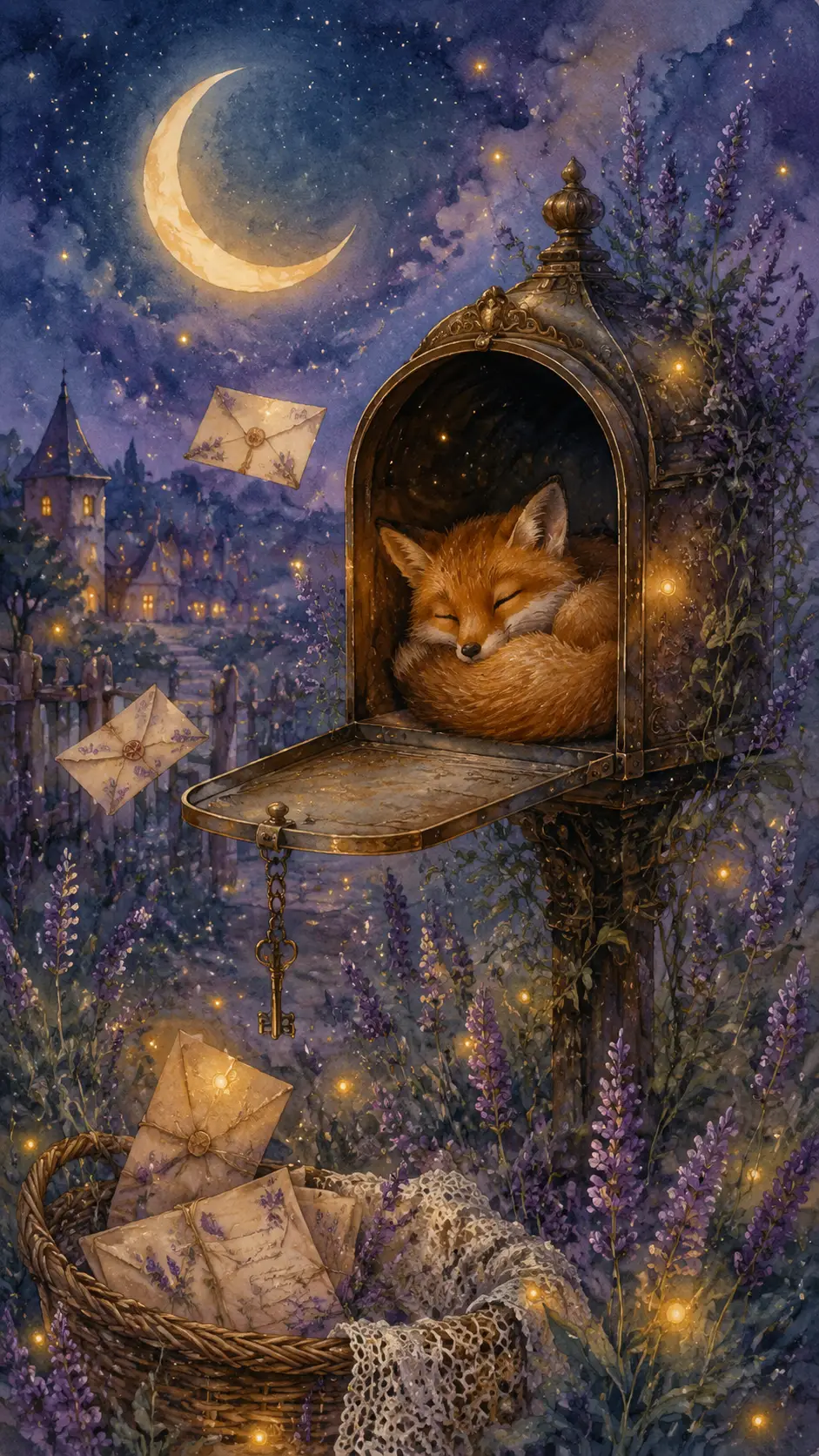 Tiny fox sleeping in an antique brass mailbox