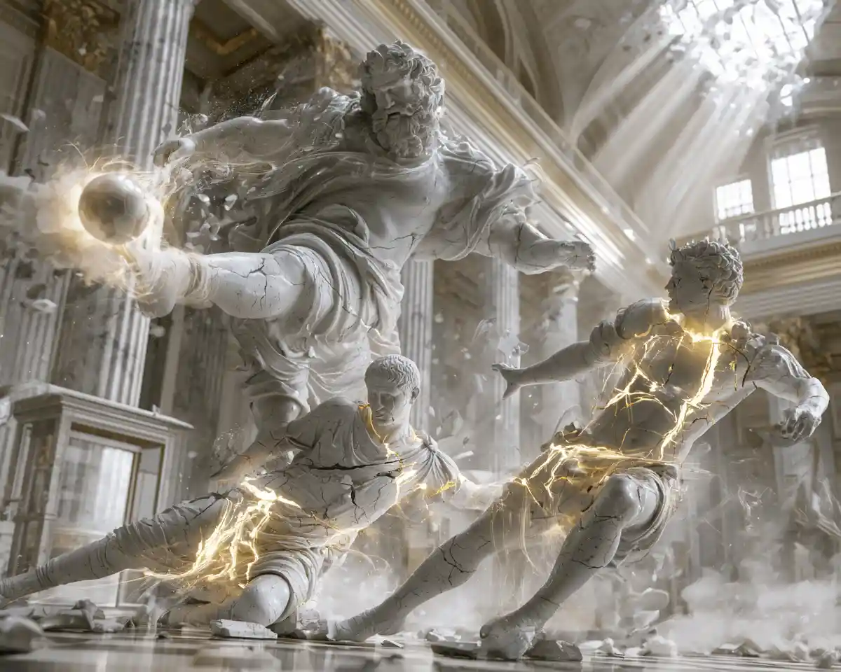Living marble statues playing soccer in a grand museum