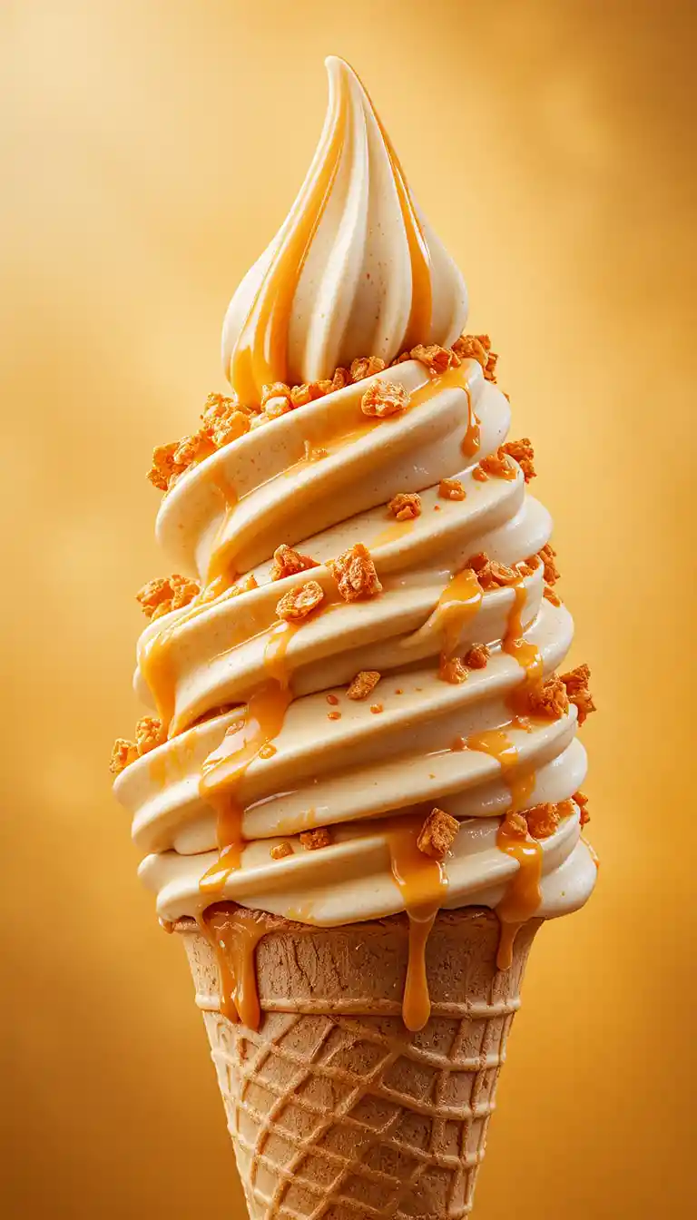Nahaufnahme einer Karamell-Eiswaffel mit knusprigen Toppings