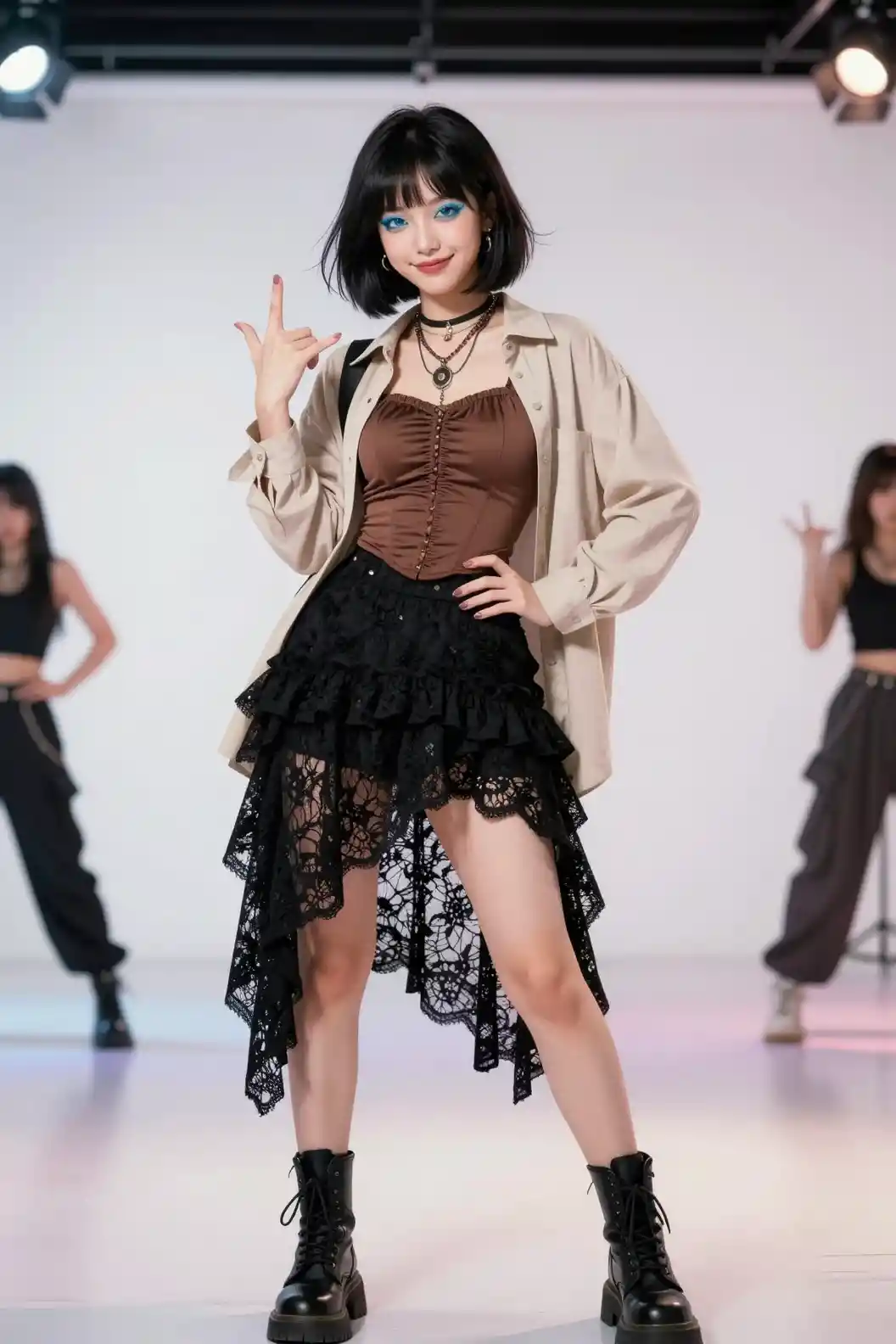 Stylish woman posing in dark boho Korean street fashion