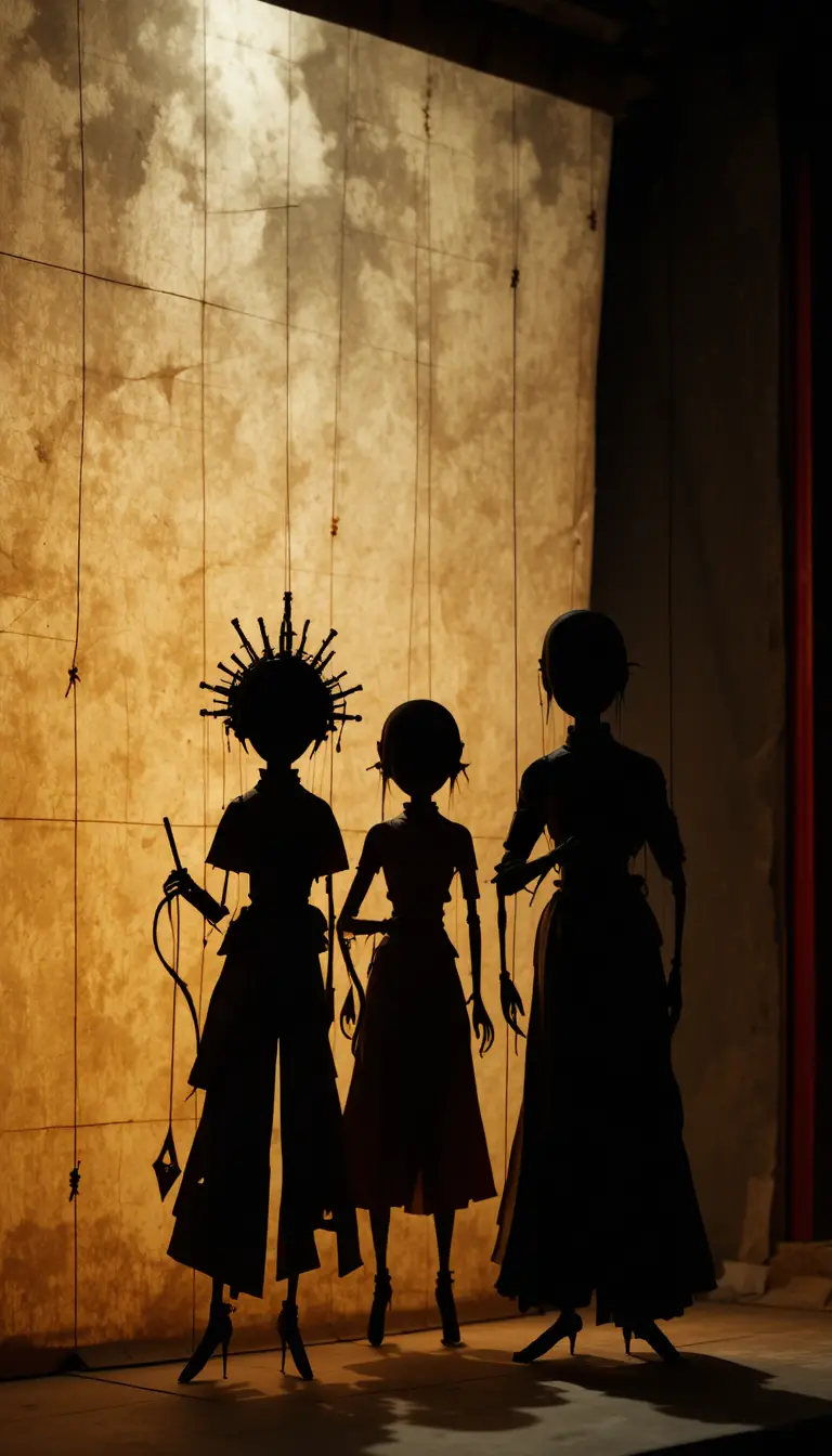 Chinese shadow puppets on a glowing parchment theater stage
