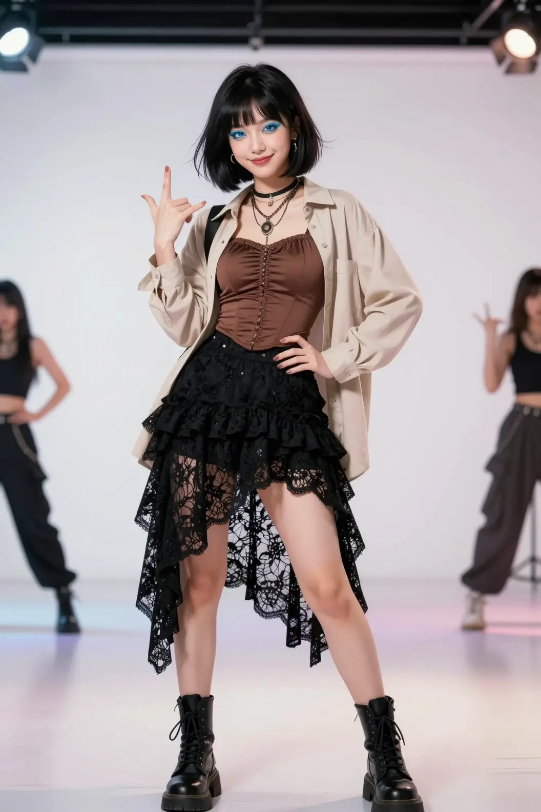 Donna stilosa che posa in streetwear coreano boho scuro
