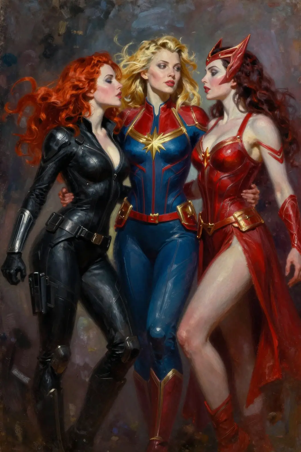 Sensuous fantasy women in dramatic oil chiaroscuro