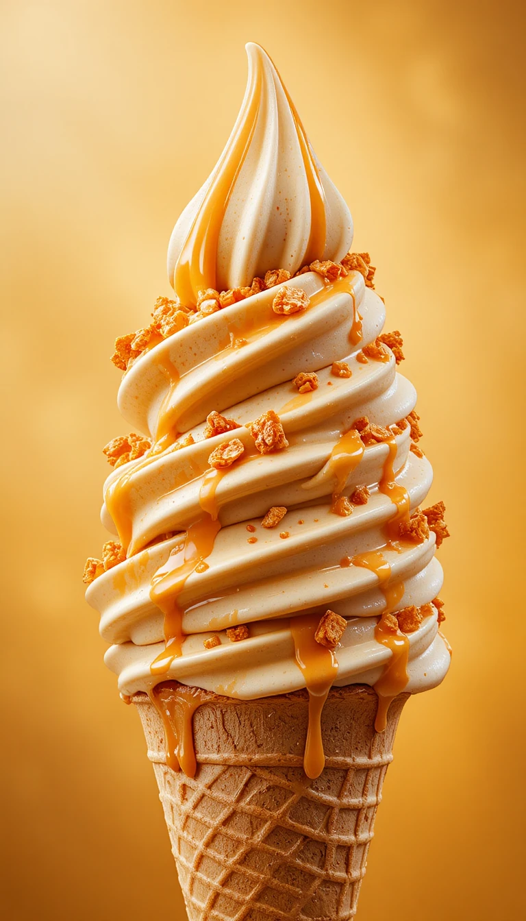 Primer plano de cucurucho de helado de caramelo con toppings crujientes
