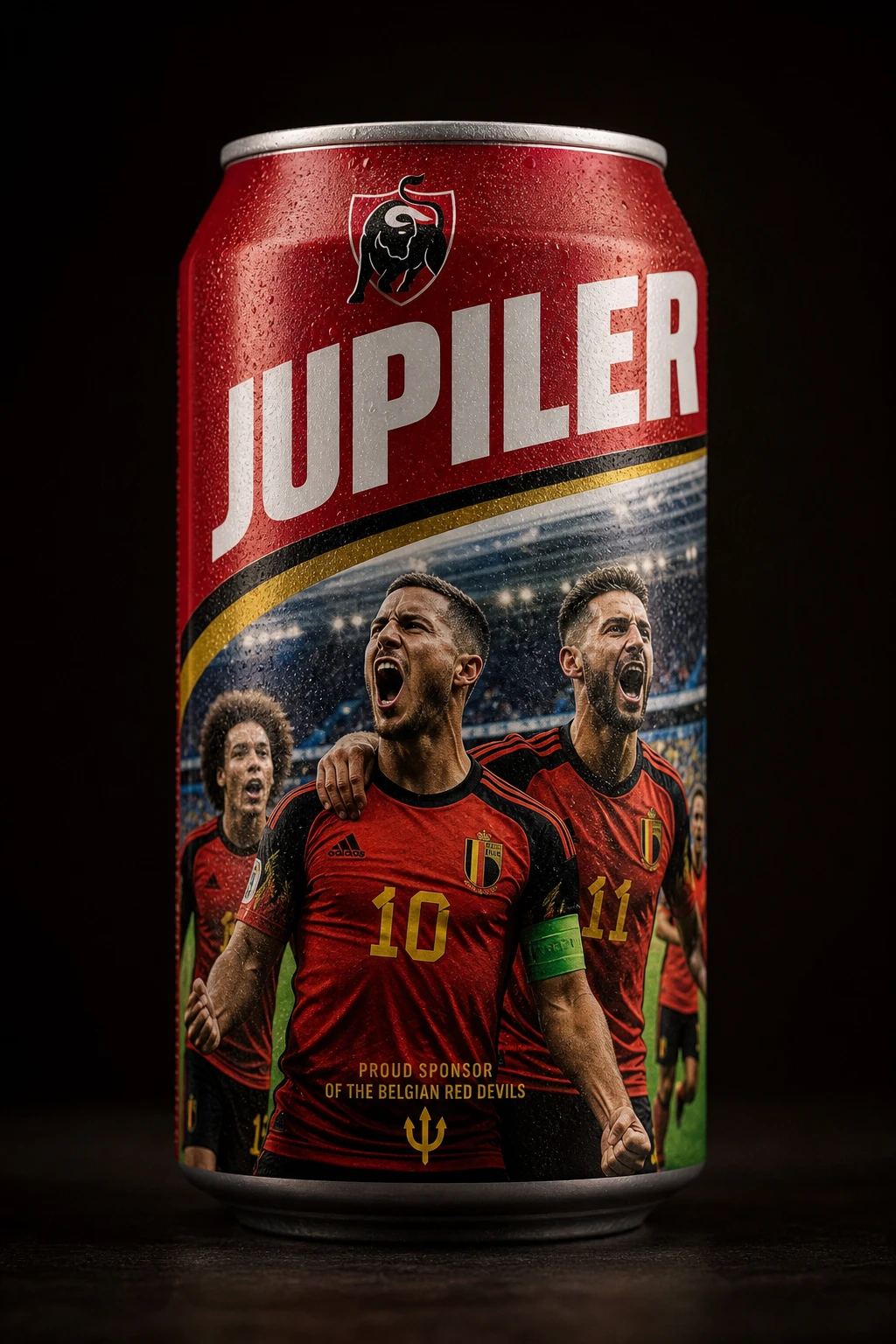 World Cup soccer photo printed on a bold beverage can