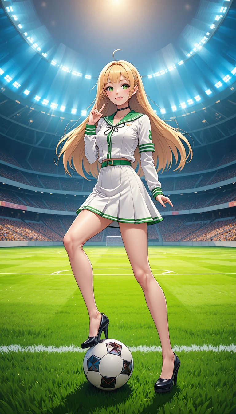 Cheerful anime girl posing on soccer field in stadium