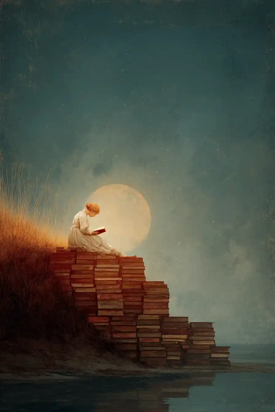 Surreal drowned library rising from a silent midnight shore