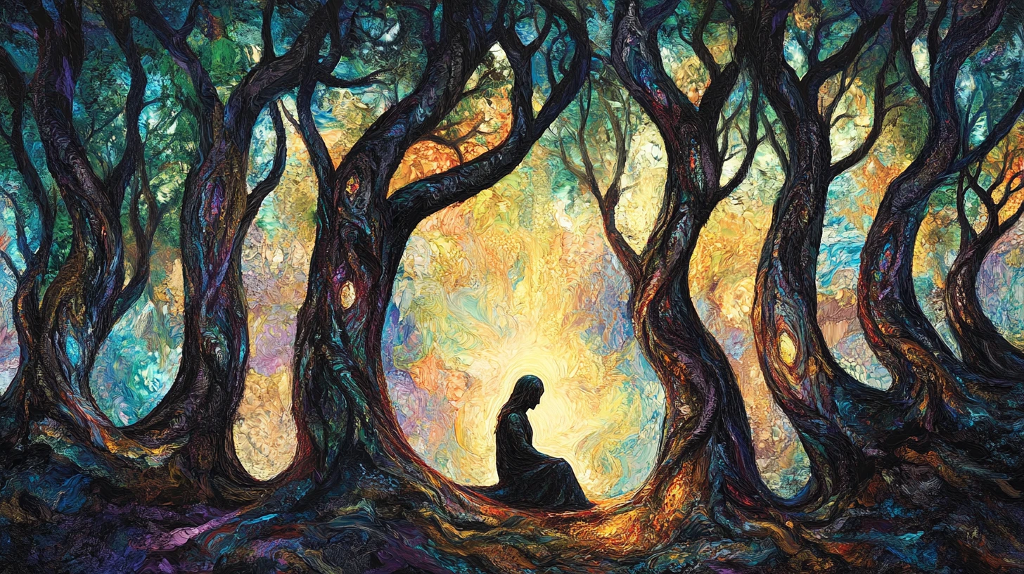 Mystical woodland guardian kneeling beneath ancient towering trees