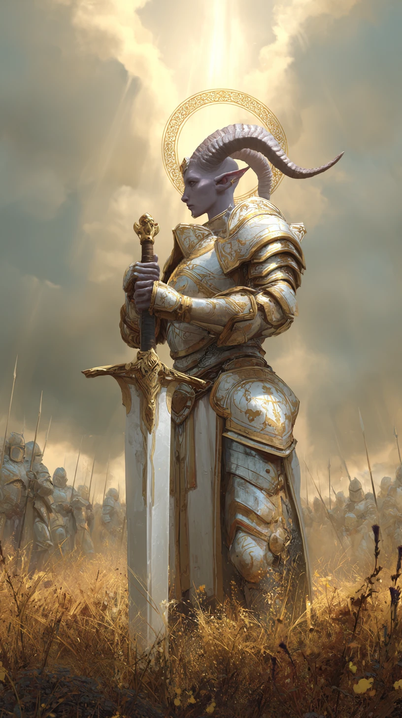 Holy tiefling paladin on a radiant war torn battlefield