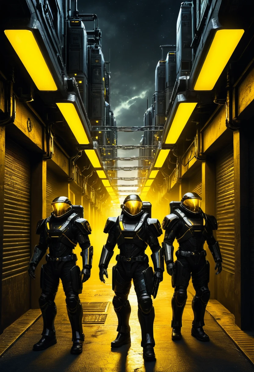 Futuristic black soldiers in a neon sci fi alleyway