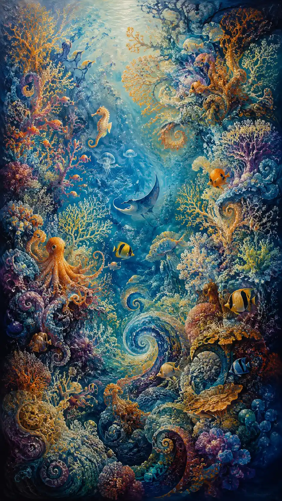 Abstract coral reef with hidden sea creatures in flowing color