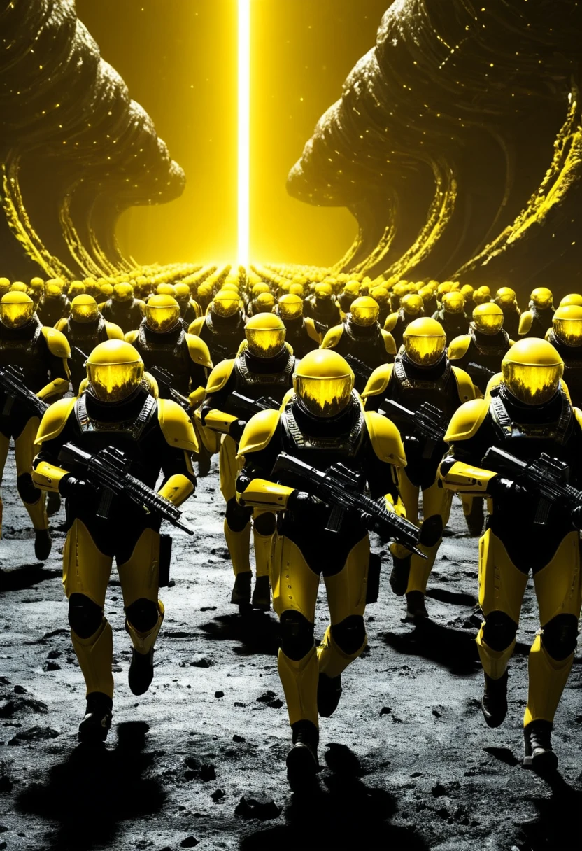 Massive sci fi army marching across dark alien terrain